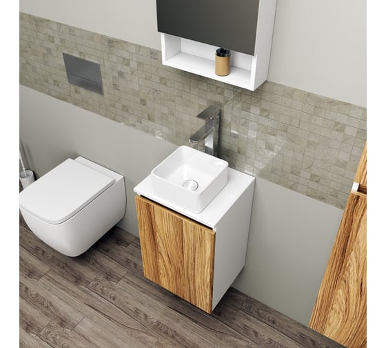 Комплект для ванной Bauedge 4 предмета (Тумба Bau Dream Blackwood 40, раковина BAU Mini 24x24, смеситель для раковины высокий Hotel Still, нержавеющая сталь, выпуск клик клак, белый) BD1521