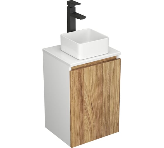 Комплект для ванной Bauedge 4 предмета (Тумба Bau Dream Blackwood 40, раковина BAU Mini 24x24, смеситель для раковины высокий Hotel Black, черный, выпуск клик клак, черный) BD1522 1