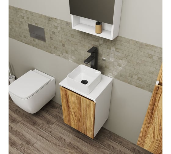 Комплект для ванной Bauedge 4 предмета (Тумба Bau Dream Blackwood 40, раковина BAU Mini 24x24, смеситель для раковины высокий Hotel Black, черный, выпуск клик клак, черный) BD1522