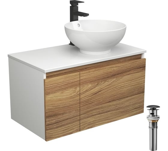 Комплект для ванной Bauedge 4 предмета (тумба Bau Dream 80 + раковина чаша BAU D41, белая + смеситель Hotel Black, выпуск клик-клак, черный) BD1748 1