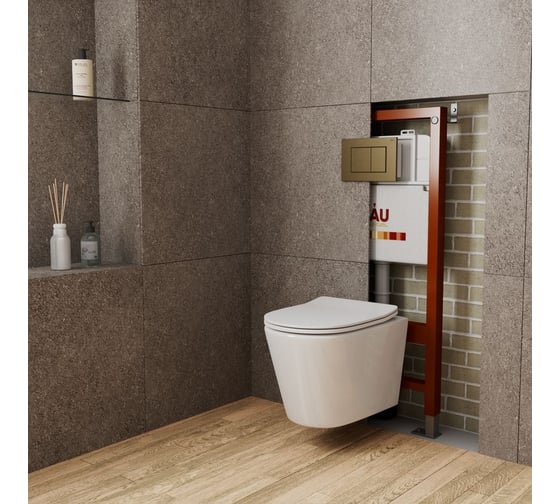 Комплект Bauedge BAU 6 в 1: инсталляция BAU PRO, унитаз подвесной безободковый Bau Nimb 49x36, сиденье дюропласт микролифт, клавиша BAU Stil, бронза Q111300-BK0001-Q00012