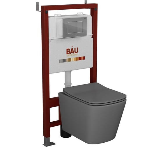 Комплект Bauedge BAU 6 в 1: инсталляция BAU PRO, унитаз подвесной безободковый Bau Stil 51x35, сиденье дюропласт микролифт,темно-серый матовый, клавиша BAU Stil, хром Q111300-BS0002-DG-Q00002 1