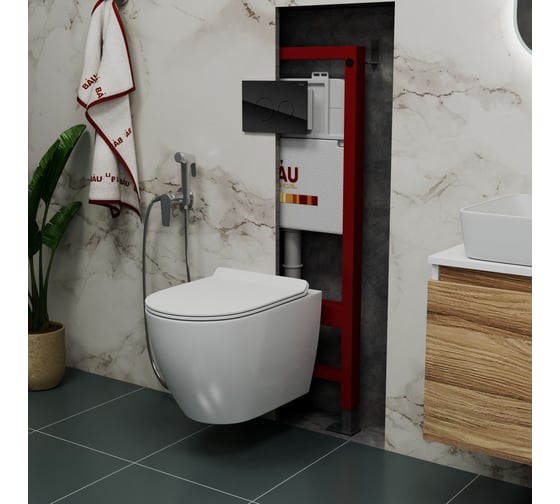 Комплект Bauedge BAU 6 в 1: инсталляция BAU PRO, унитаз подвесной безободковый Bau Dream 49,5x36, сиденье дюропласт микролифт, клавиша из стекла BAU Dream, черная Q111300-BL0001-Q00011