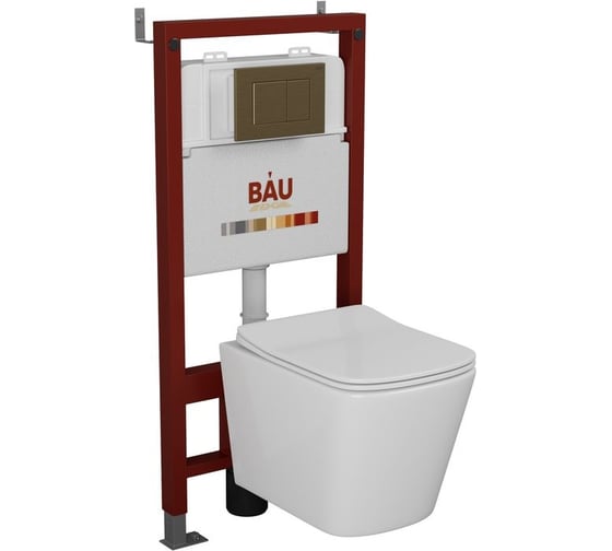 Комплект Bauedge BAU 6 в 1: инсталляция BAU PRO, унитаз подвесной безободковый Bau Stil 51x35, сиденье дюропласт микролифт, клавиша BAU Stil, бронза Q111300-BS0002-Q00012