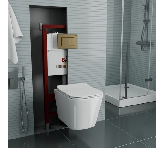 Комплект Bauedge BAU 6 в 1: инсталляция BAU PRO, унитаз подвесной безободковый Bau Stil 51x35, сиденье дюропласт микролифт, клавиша BAU Stil, бронза Q111300-BS0002-Q00012