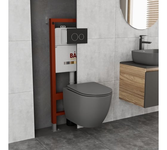 Комплект Bauedge BAU 6 в 1: инсталляция BAU PRO, унитаз подвесной безободковый Bau Dream 49,5x36, сиденье дюропласт микролифт, темно-серый матовый, клавиша BAU Dream, черная матовая Q111300-BL0001-DG-Q00005