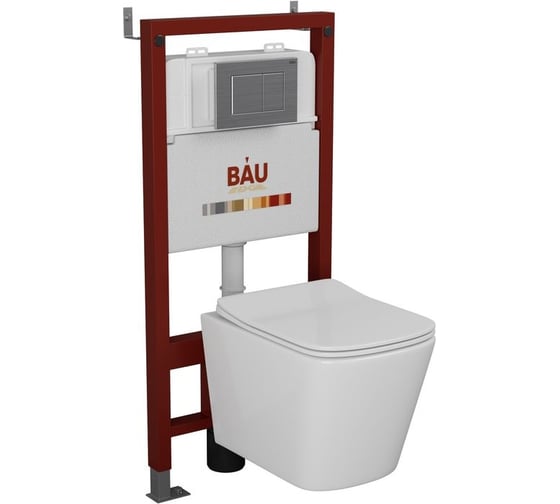 Комплект Bauedge BAU 6 в 1: инсталляция BAU PRO, унитаз подвесной безободковый Bau Stil 51x35, сиденье дюропласт микролифт, клавиша BAU Stil сатин Q111300-BS0002-Q00009