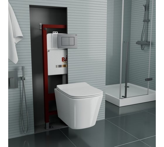 Комплект Bauedge BAU 6 в 1: инсталляция BAU PRO, унитаз подвесной безободковый Bau Stil 51x35, сиденье дюропласт микролифт, клавиша BAU Stil сатин Q111300-BS0002-Q00009