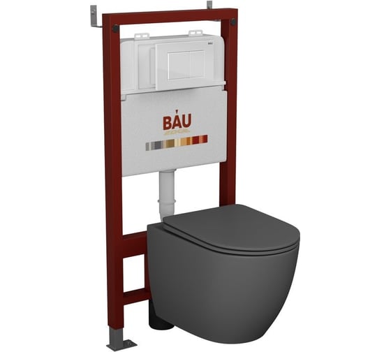 Комплект Bauedge BAU 6 в 1: инсталляция BAU PRO, унитаз подвесной безободковый Bau Dream 49,5x36, сиденье дюропласт микролифт, темно-серый матовый, клавиша BAU Stil, белый глянец Q111300-BL0001-DG-Q00001 1