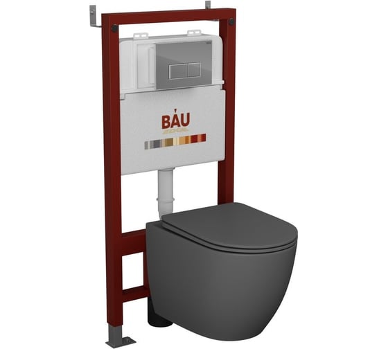 Комплект Bauedge BAU 6 в 1: инсталляция BAU PRO, унитаз подвесной безободковый Bau Dream 49,5x36, сиденье дюропласт микролифт, темно-серый матовый, клавиша BAU Hotel, хром Q111300-BL0001-DG-Q00007