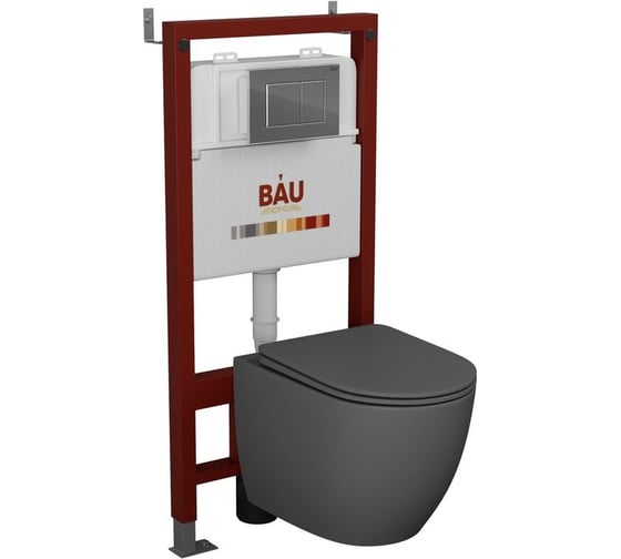 Комплект Bauedge BAU 6 в 1: инсталляция BAU PRO, унитаз подвесной безободковый Bau Dream 49,5x36, сиденье дюропласт микролифт, темно-серый матовый, клавиша BAU Stil, хром Q111300-BL0001-DG-Q00002 1