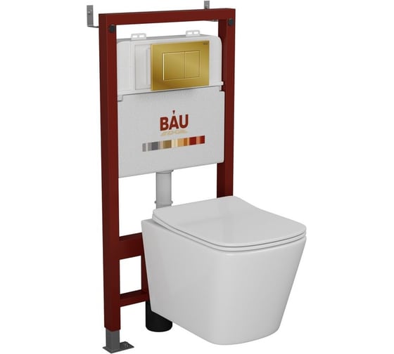 Комплект Bauedge BAU 6 в 1: инсталляция BAU PRO, унитаз подвесной безободковый Bau Stil 49x35, сиденье дюропласт микролифт, клавиша BAU Stil, золото Q111300-BS0001-Q00013 1