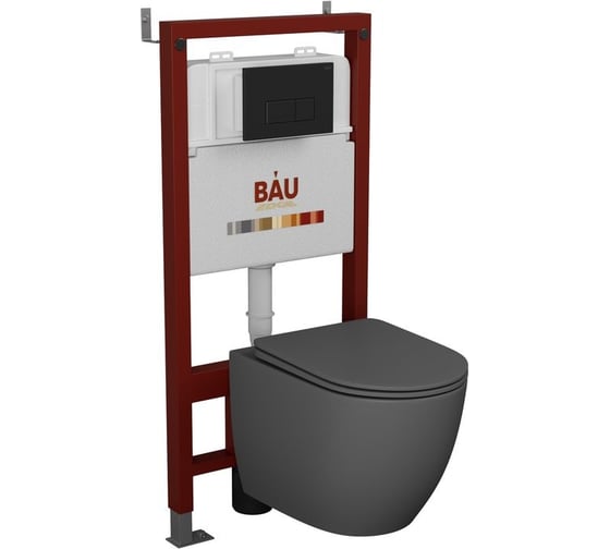 Комплект Bauedge BAU 6 в 1: инсталляция BAU PRO, унитаз подвесной безободковый Bau Dream 49,5x36, сиденье дюропласт микролифт, темно-серый матовый, клавиша BAU Hotel, черная матовая Q111300-BL0001-DG-Q00008 1