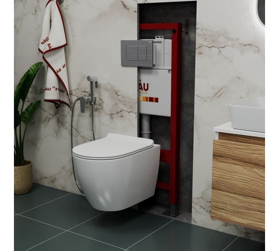 Комплект Bauedge BAU 6 в 1: инсталляция BAU PRO, унитаз подвесной безободковый Bau Dream 49,5x36, сиденье дюропласт микролифт, клавиша BAU Stil сатин Q111300-BL0001-Q00009