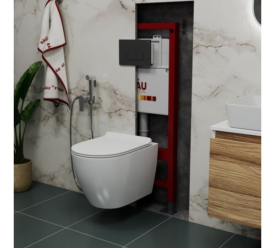 Комплект Bauedge BAU 6 в 1: инсталляция BAU PRO, унитаз подвесной безободковый Bau Dream 49,5x36, сиденье дюропласт микролифт, клавиша BAU Hotel, черная матовая Q111300-BL0001-Q00008
