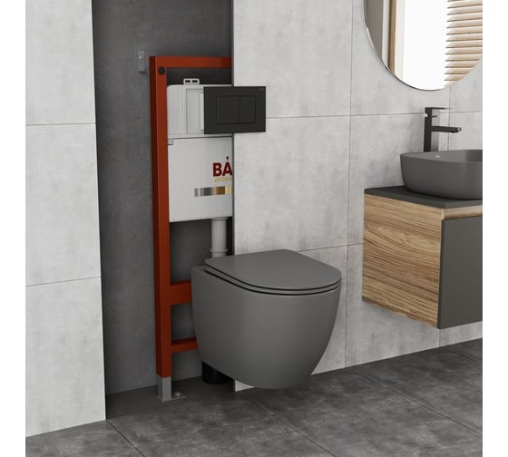Комплект Bauedge BAU 6 в 1: инсталляция BAU PRO, унитаз подвесной безободковый Bau Dream 49,5x36, сиденье дюропласт микролифт, темно-серый матовый, клавиша BAU Stil, черная матовая Q111300-BL0001-DG-Q00003