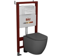 Комплект Bauedge BAU 6 в 1: инсталляция BAU PRO, унитаз подвесной безободковый Bau Dream 49,5x36, сиденье дюропласт микролифт, темно-серый матовый, клавиша из стекла BAU Dream, белая Q111300-BL0001-DG-Q00010