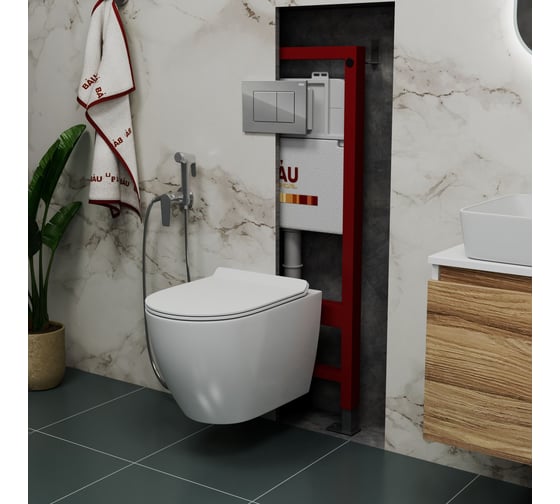 Комплект Bauedge BAU 6 в 1: инсталляция BAU PRO, унитаз подвесной безободковый Bau Dream 49,5x36, сиденье дюропласт микролифт, клавиша BAU Stil, хром Q111300-BL0001-Q00002