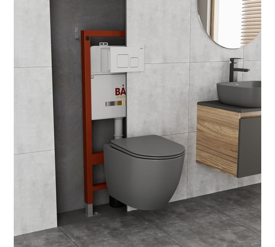 Комплект Bauedge BAU 6 в 1: инсталляция BAU PRO, унитаз подвесной безободковый Bau Dream 49,5x36, сиденье дюропласт микролифт, темно-серый матовый, клавиша BAU Soul, белая Q111300-BL0001-DG-Q00014
