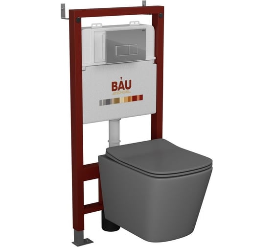Комплект Bauedge BAU 6 в 1: инсталляция BAU PRO, унитаз подвесной безободковый Bau Stil 51x35, сиденье дюропласт микролифт,темно-серый матовый, клавиша BAU Hotel, хром Q111300-BS0002-DG-Q00007 1