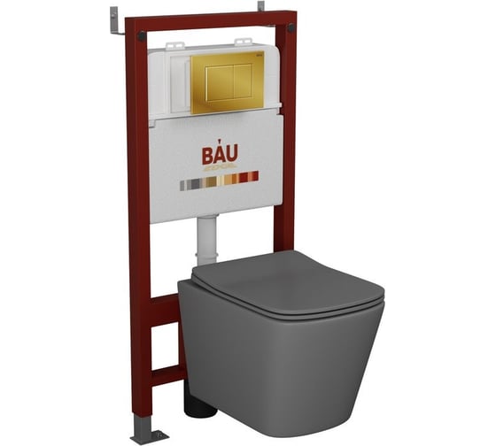 Комплект Bauedge BAU 6 в 1: инсталляция BAU PRO, унитаз подвесной безободковый Bau Stil 51x35, сиденье дюропласт микролифт,темно-серый матовый, клавиша BAU Stil, золото Q111300-BS0002-DG-Q00013 1