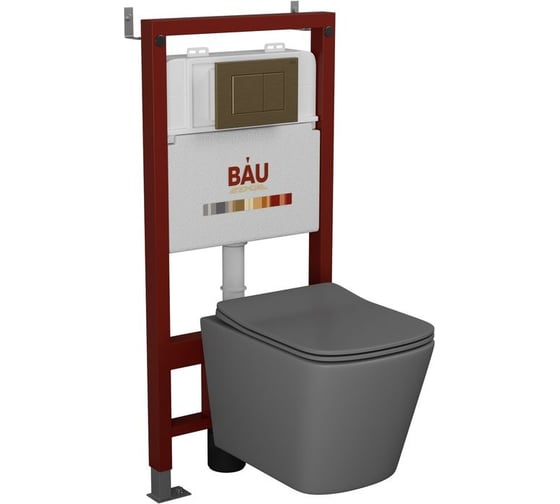 Комплект Bauedge BAU 6 в 1: инсталляция BAU PRO, унитаз подвесной безободковый Bau Stil 51x35, сиденье дюропласт микролифт,темно-серый матовый, клавиша BAU Stil, бронза Q111300-BS0002-DG-Q00012 1