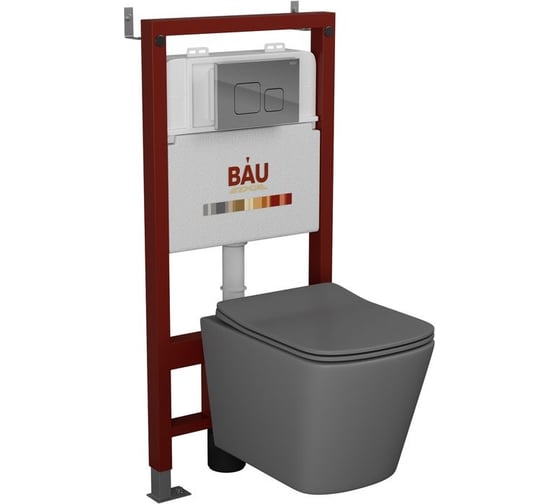 Комплект Bauedge BAU 6 в 1: инсталляция BAU PRO, унитаз подвесной безободковый Bau Stil 51x35, сиденье дюропласт микролифт,темно-серый матовый, клавиша BAU Soul, хром Q111300-BS0002-DG-Q00016 1