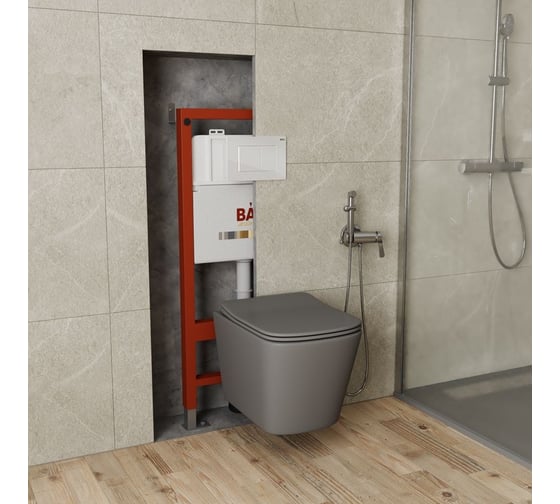 Комплект Bauedge BAU 6 в 1: инсталляция BAU PRO, унитаз подвесной безободковый Bau Stil 51x35, сиденье дюропласт микролифт,темно-серый матовый, клавиша BAU Stil, белый глянец Q111300-BS0002-DG-Q00001