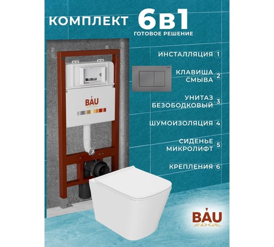 Комплект Bauedge BAU 6 в 1: инсталляция BAU PRO, унитаз подвесной безободковый Bau Stil PRO, сиденье быстросъемное микролифт, клавиша BAU Stil Gun Grey антивандальная, нержавеющая сталь серый металлик Q111300-NS0001-PRO-Q00017