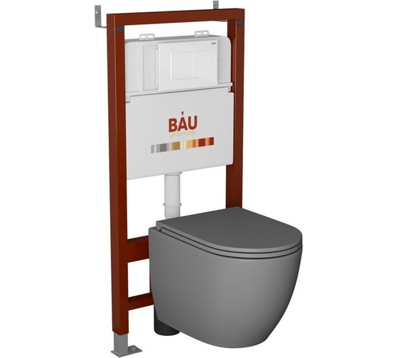 Комплект Bauedge BAU 6 в 1: инсталляция BAU PRO, унитаз подвесной торнадо обратного потока Bau Dream Hurricane-2, сиденье дюропласт микролифт, темно-серый матовый, клавиша BAU Stil, белый глянец Q111300-BL0001-HQ2-DG-Q00001