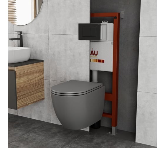 Комплект Bauedge BAU 6 в 1: инсталляция BAU PRO, унитаз подвесной торнадо обратного потока Bau Dream Hurricane-2, сиденье дюропласт микролифт, темно-серый матовый, клавиша BAU Stil, черная матовая Q111300-BL0001-HQ2-DG-Q00003