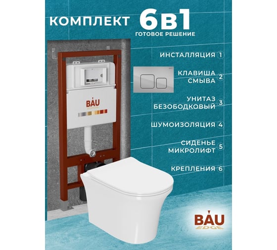 Комплект Bauedge BAU 6 в 1: инсталляция BAU PRO, унитаз подвесной безободковый Bau Spectrum PRO, быстросъемное сиденье микролифт, кнопка смыва BAU Soul, хром Q111300-NP0001-PRO-Q00016