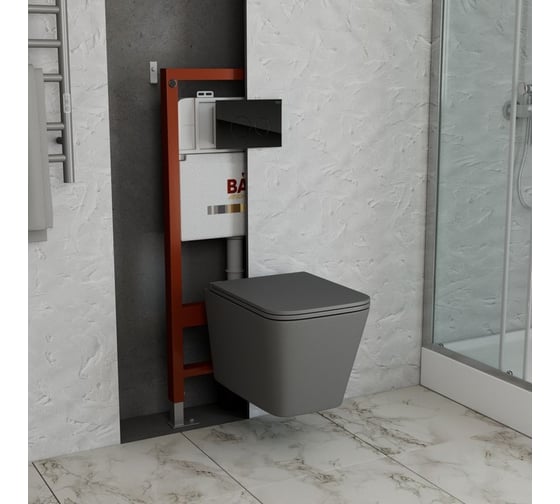 Комплект Bauedge BAU 6 в 1: инсталляция BAU PRO, унитаз подвесной безободковый торнадо обратного потока Bau Stil Hurricane-2, сиденье микролифт, темно-серый матовый, клавиша из стекла BAU Dream, черная Q111300-BS0001-HQ2-DG-Q00011