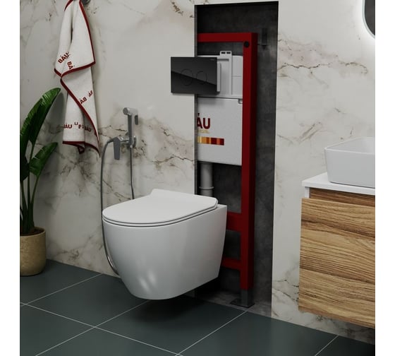 Комплект Bauedge BAU 6 в 1: инсталляция BAU PRO, унитаз подвесной безободковый Bau Dream PRO, сиденье дюропласт микролифт, кнопка смыва из стекла BAU Dream дизайнерская, черная Q111300-NL0001-PRO-Q00011