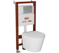 Комплект Bauedge BAU 6 в 1: инсталляция BAU PRO, унитаз подвесной безободковый Bau Nimb LUX, сиденье дюропласт микролифт со вставкой из нержавеющей стали, кнопка смыва BAU Soul, хром Q111300-BK0001-LUX-Q00016