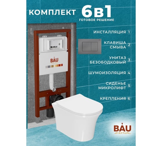 Комплект Bauedge BAU 6 в 1: инсталляция BAU PRO, унитаз подвесной безободковый Bau Spectrum PRO, быстросъемное сиденье микролифт, кнопка смыва Stil Gun Grey, темно-серый металлик Q111300-NP0001-PRO-Q00017