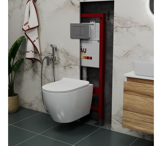 Комплект Bauedge BAU 6 в 1: инсталляция BAU PRO, унитаз подвесной безободковый Bau Dream PRO, сиденье микролифт, кнопка смыва BAU Stil Gun Grey, антивандальная, нержавеющая сталь темно-серый металлик Q111300-NL0001-PRO-Q00017