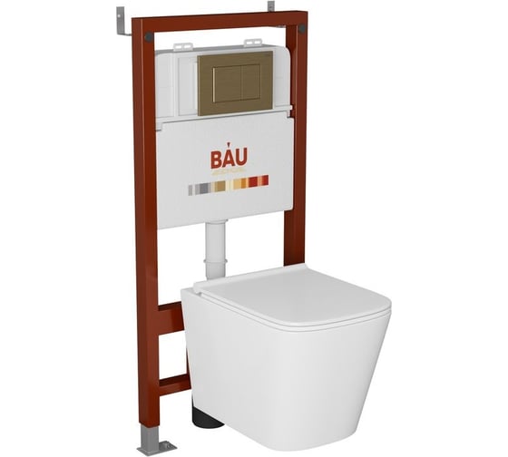 Комплект Bauedge BAU 6 в 1: инсталляция BAU PRO, унитаз подвесной безободковый Bau Stil PRO, сиденье быстросъемное микролифт, клавиша BAU Stil, бронза Q111300-NS0001-PRO-Q00012