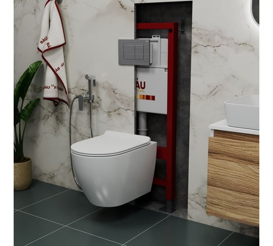 Комплект Bauedge BAU 6 в 1: инсталляция BAU PRO, унитаз подвесной безободковый Bau Dream PRO, сиденье микролифт, кнопка смыва BAU Stil антивандальная для системы двойного слива, нержавеющая сталь сатин Q111300-NL0001-PRO-Q00009