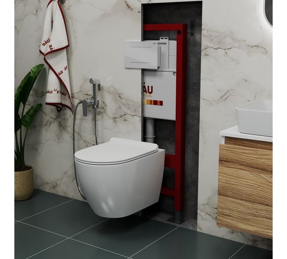 Комплект Bauedge BAU 6 в 1: инсталляция BAU PRO, унитаз подвесной безободковый Bau Dream PRO, сиденье дюропласт микролифт, кнопка смыва BAU Stil для инсталляциии, белый глянец Q111300-NL0001-PRO-Q00001