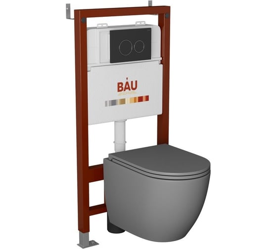 Комплект Bauedge BAU 6 в 1: инсталляция BAU PRO, унитаз подвесной торнадо обратного потока Bau Dream Hurricane-2 темно-серый матовый, сиденье дюропласт микролифт, клавиша Dream, черная матовая Q111300-BL0001-HQ2-DG-Q00005