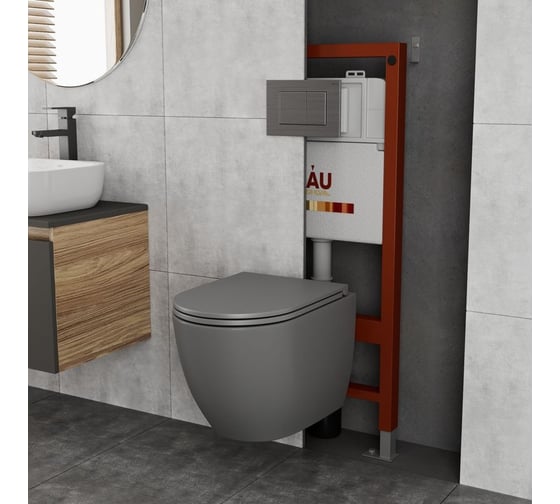 Комплект Bauedge BAU 6 в 1: инсталляция BAU PRO, унитаз подвесной торнадо обратного потока Bau Dream Hurricane-2, сиденье дюропласт микролифт, темно-серый матовый, клавиша BAU Stil антивандальная Q111300-BL0001-HQ2-DG-Q00009