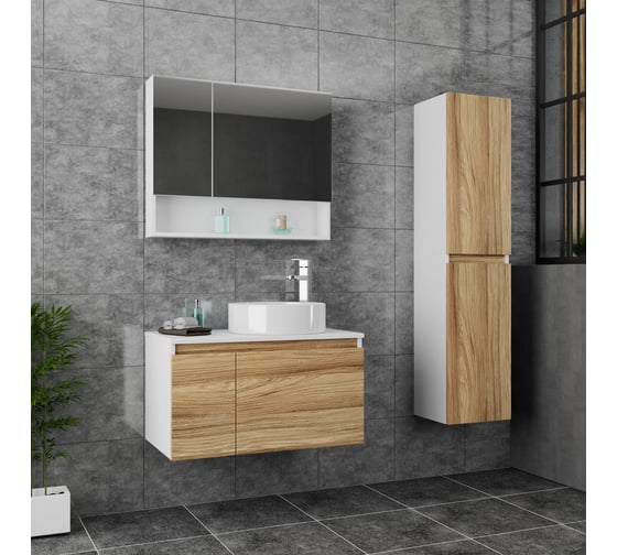 Комплект для ванной Bauedge 3 предмета (тумба Bau Dream Blackwood 80, раковина BAU Dream круглая D41, смеситель для раковины высокий Hotel Still, нержавеющая сталь) BD1585