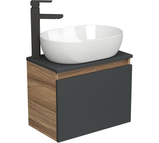 Комплект для ванной Bauedge 3 предмета (тумба подвесная Bau Blackwood 50 графит + раковина BAU 48x34, смеситель высокий Hotel Black, черный) BD2633