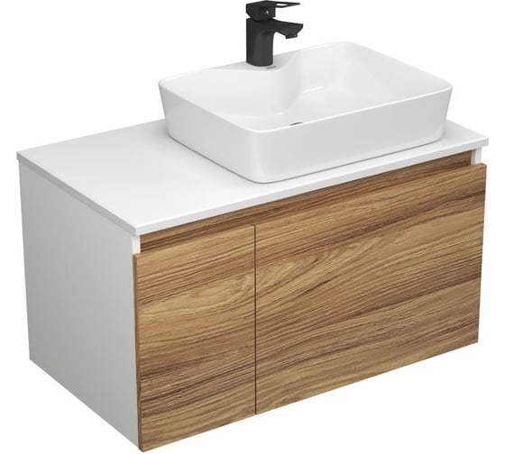 Комплект для ванной Bauedge 3 предмета (тумба Bau Dream Blackwood 80 + раковина BAU Cerama 48x37, с отверстием под смеситель, белая, смеситель Cerama Black) BD2348 1