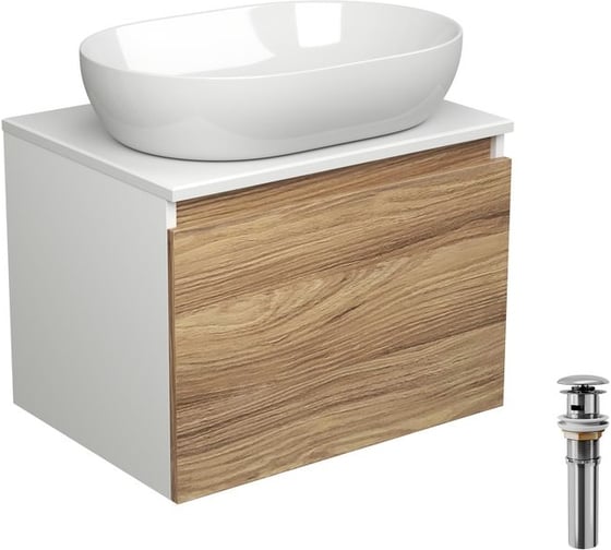 Тумба с раковиной и выпуском Bauedge (тумба подвесная Bau Dream Blackwood 60 + раковина санфаянс накладная овальная BAU Nimb 59x40, белая, выпуск) BD2492 1