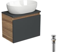 Тумба с раковиной и выпуском Bauedge (тумба подвесная Bau Dream Blackwood 50 графит + раковина санфаянс накладная овальная BAU Nimb 48x34, белая, выпуск) BD2636