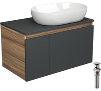 Тумба с раковиной и выпуском Bauedge (тумба подвесная Bau Dream Blackwood 80 графит + раковина санфаянс накладная овальная BAU Nimb 59x40, белая, выпуск) BD2733