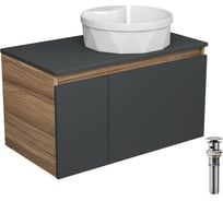 Тумба с раковиной и выпуском Bauedge (тумба подвесная Bau Dream Blackwood 80 графит + раковина накладная BAU Cristal D40, с отв. под смеситель, белая, выпуск) BD2745