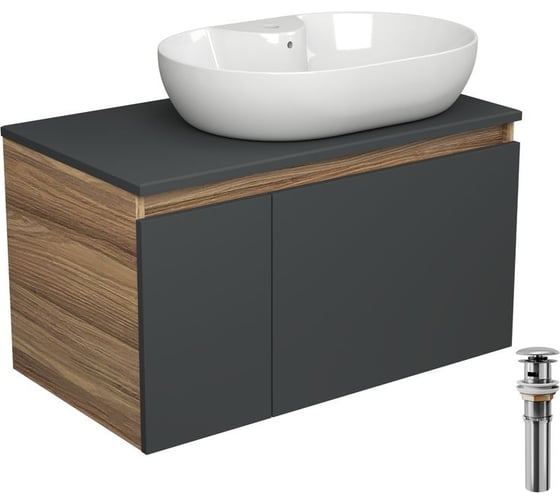 Тумба с раковиной и выпуском Bauedge (тумба подвесная Bau Dream Blackwood 80 графит + раковина накладная BAU Nimb 60x42, с отв. под смеситель, белая, выпуск) BD2776 1